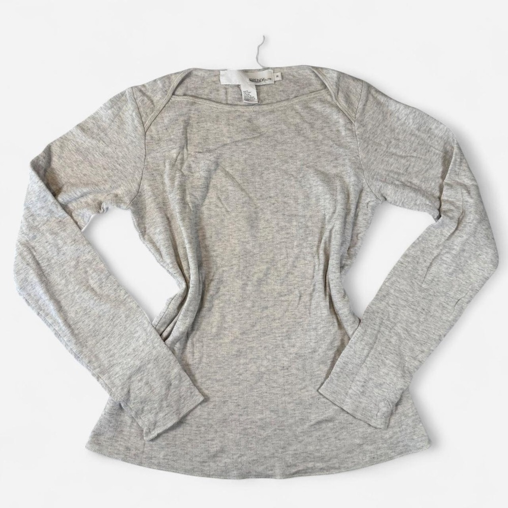DKNY Pure Vintage Heather Oatmeal Long Sleeve Boatneck Top Gray Cotton Medium
